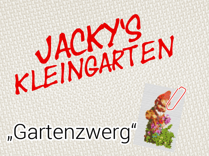 Stickbild „Gartenzwerg" für Klappkarte (10 x 15 cm Ausschnittsformat) aus der Serie Jacky's Kleingarten (DMC Garn)
