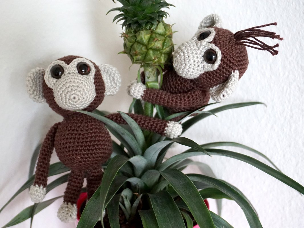 Zwei gehäkelte braun-beige Amigurumi-Affen in einer Topfpflanze