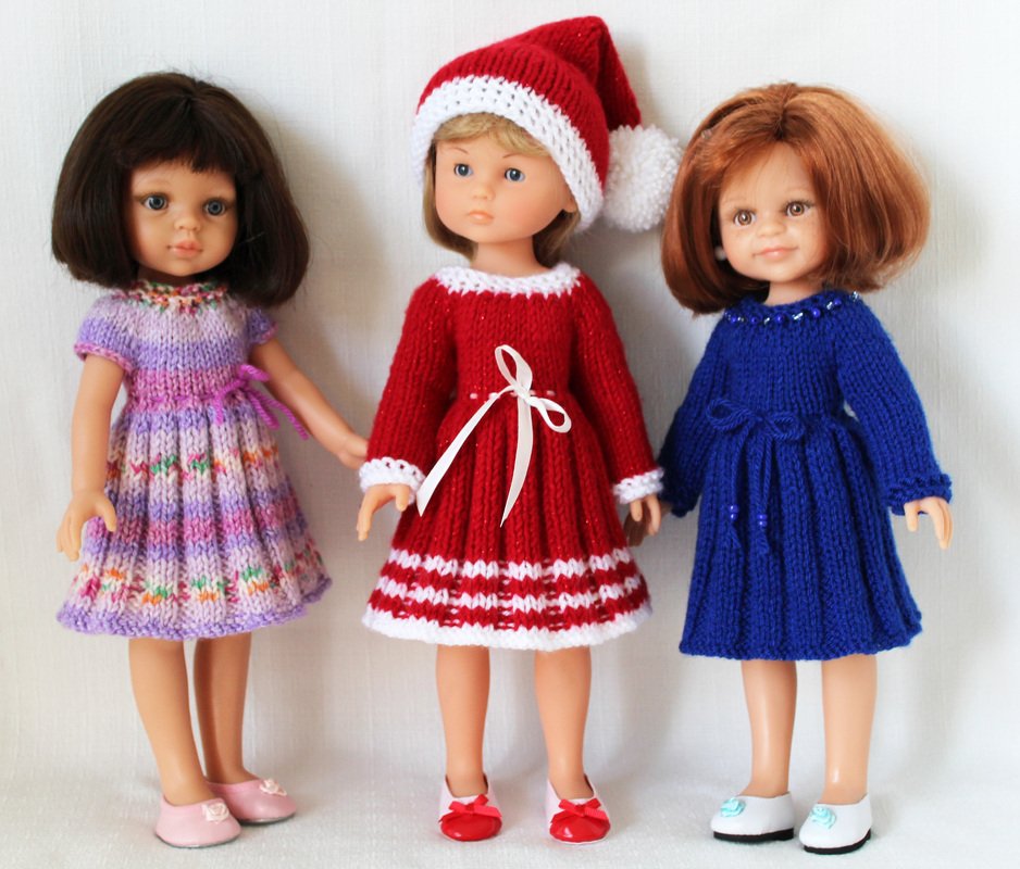Knitting pattern for Holiday Dresses and Hat for Paola Reina doll and Corolle Les Cheries doll.