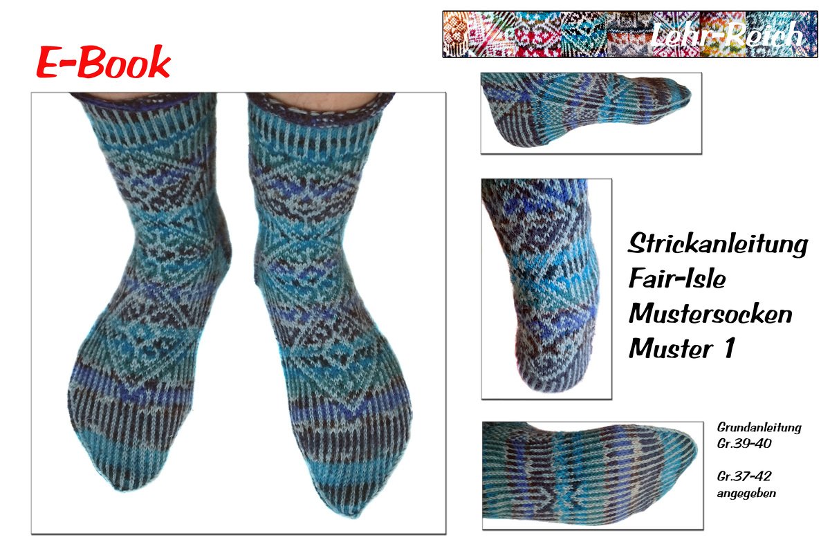 E-Book-Cover mit blau-türkisem Paar Fair-Isle-Mustersocken und Detailansichten