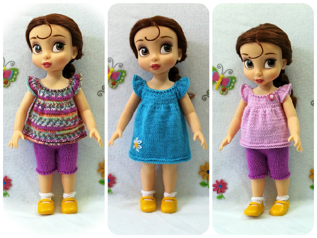 Three dolls wearing knitted outfits: striped top with purple shorts, blue dress with a daisy, and pink top with purple shorts; all with white socks and yellow shoes.