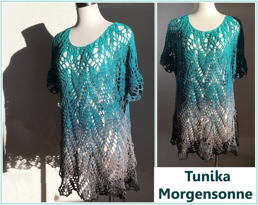 Gehäkelte Tunika „Morgensonne“ mit Blatt‑ und Wellen‑Ajourmuster in Türkis bis Schwarz auf Büste