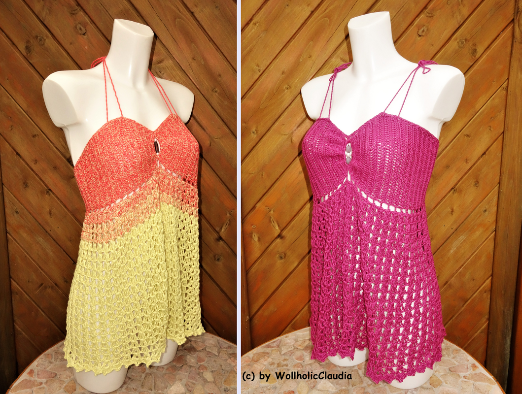 Zwei gehäkelte Damen-Tops auf Schaufensterpuppen, links Koralle zu Gelb, rechts Magenta