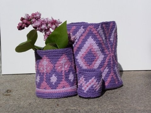 3 Lila Tapestry Körbe gehäkelt