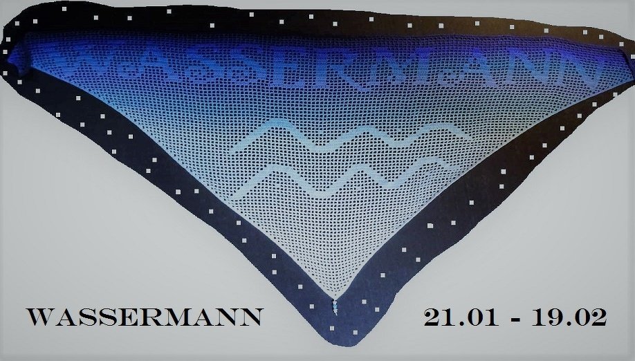 Gehäkeltes Motivtuch mit Wassermann-Symbol, filetähnlichem Netzmuster und Rand mit quadratischen Löchern