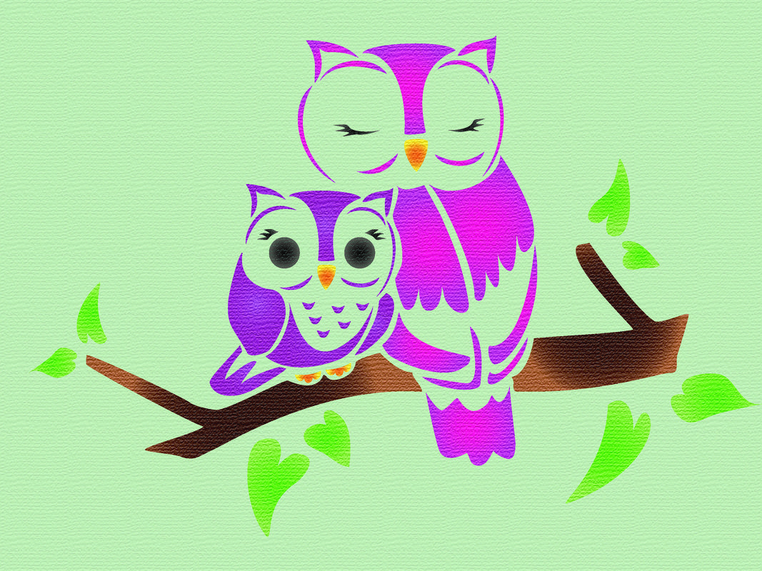 Craft pattern of two pink and purple owls on a tree branch