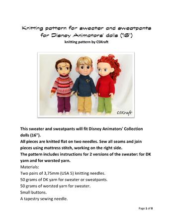 Knitting pattern for sweater and sweatpants for Disney Animators' 16 inch dolls.