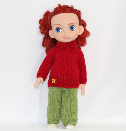 Knitting pattern for sweater and sweatpants for Disney Animators' 16 inch dolls.