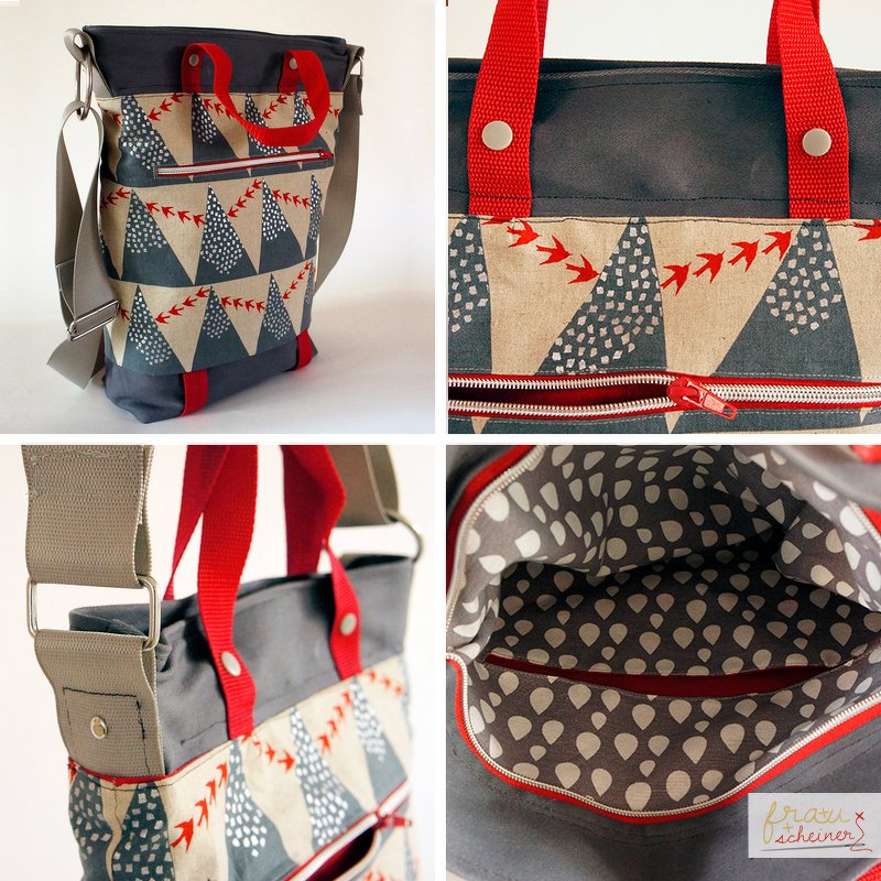 Umhängetasche in Grau und Beige mit Dreiecksmuster, roten Tragehenkeln und Frontreißverschluss