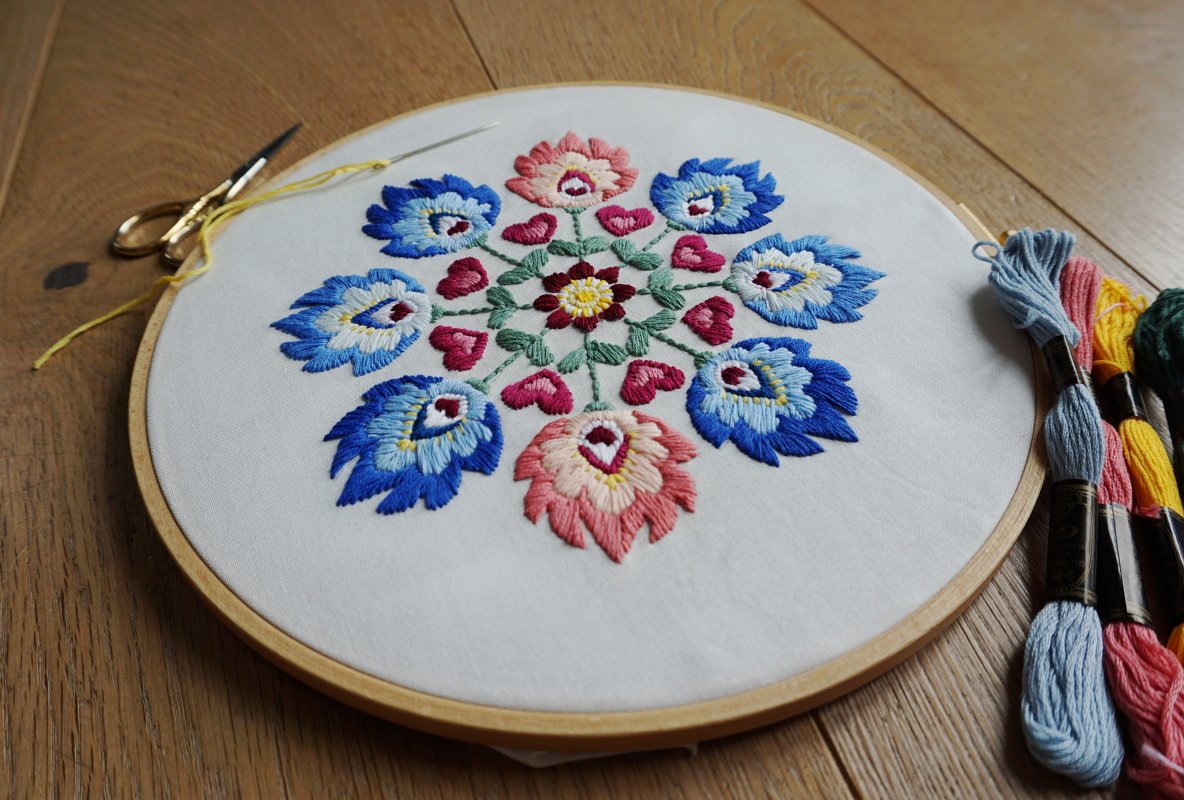 Stickmuster und Anleitung "Herzblumen-Kranz"