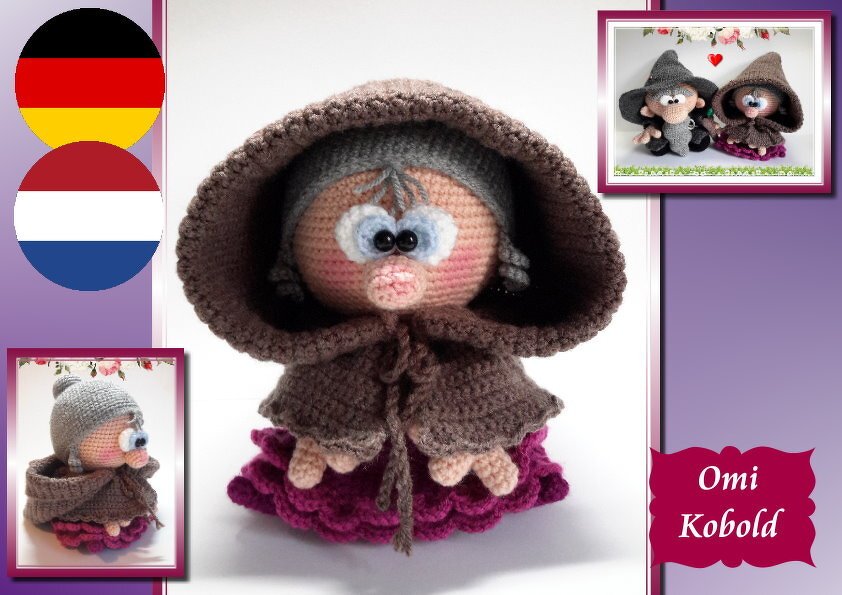 Gehäkelte Amigurumi-Figur mit brauner Kapuze und violettem Rüschenrock auf hellem Hintergrund