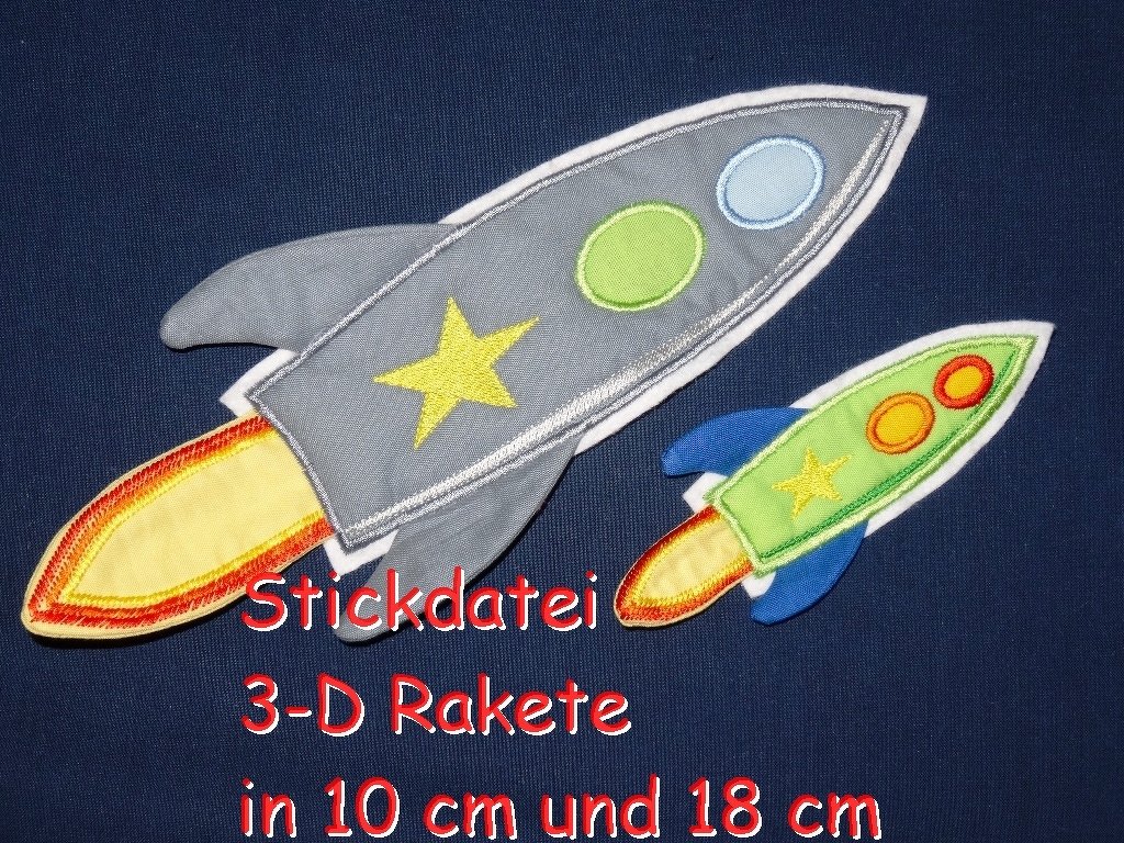 Stickdatei 3-D Rakete in 10 cm und 18 cm