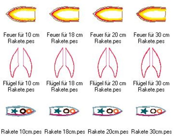 Stickdatei 3-D Rakete in 20 cm und 30 cm