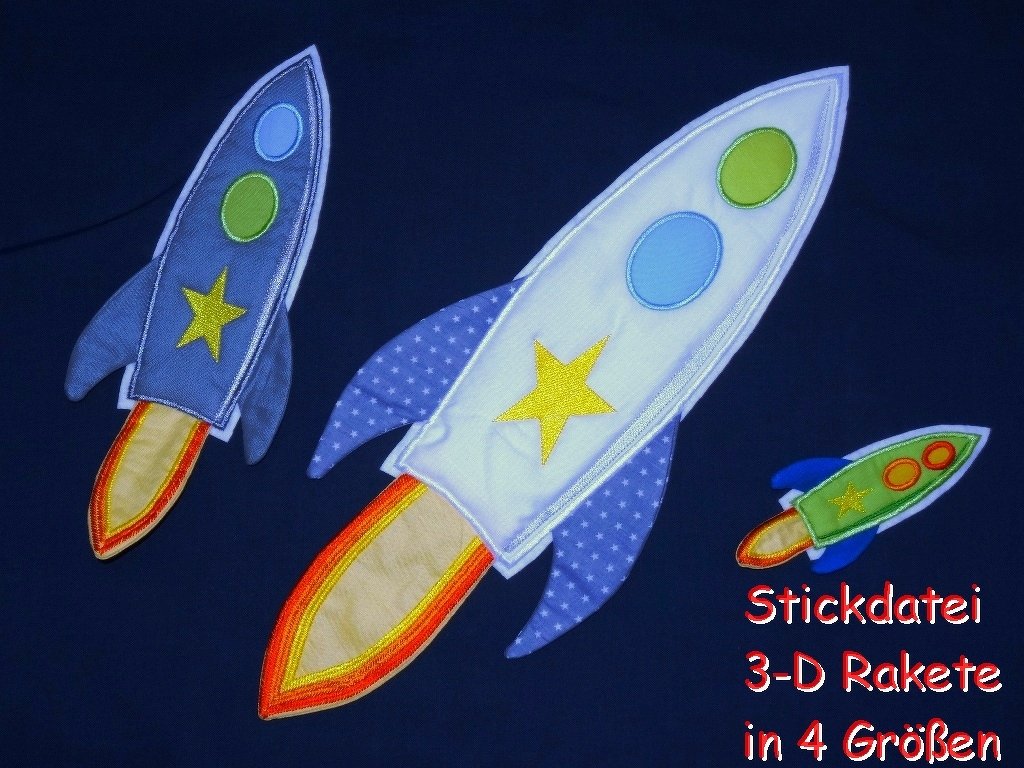 Stickdatei 3-D Rakete in 4 Größen