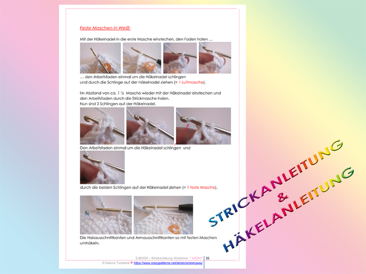 Strickanleitung: Kleidchen mit Häkelblume (4 Größen: 1 bis 7 Jahre)