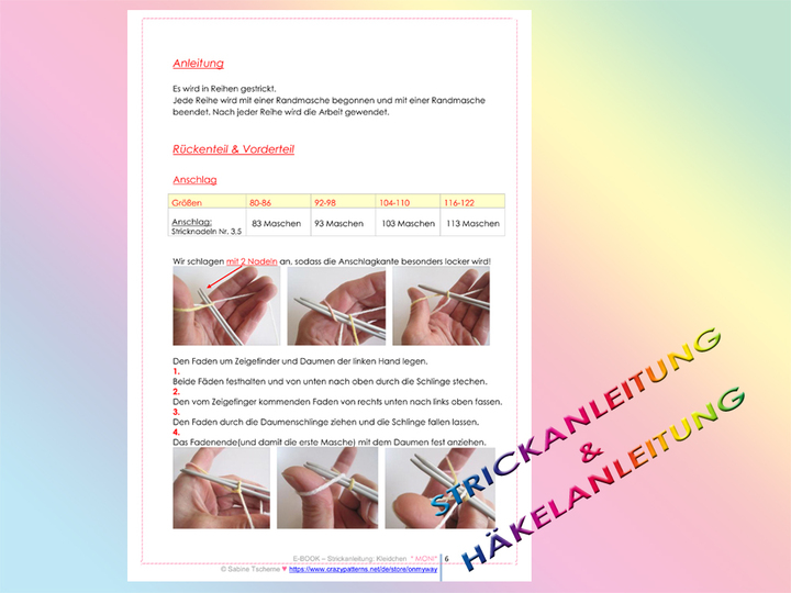 Strickanleitung: Kleidchen mit Häkelblume (4 Größen: 1 bis 7 Jahre)