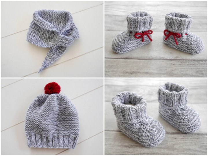 Knitting Pattern – Baby Set basic – Bootees, Cap, Scarf & Bib – No.168E-Set