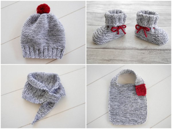 Knitting Pattern – Baby Set basic – Bootees, Cap, Scarf & Bib – No.168E-Set