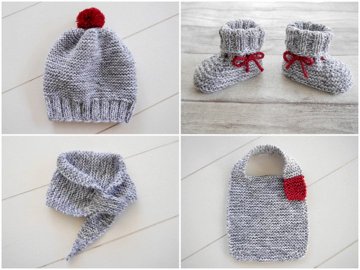 Knitting Pattern – Baby Set basic – Bootees, Cap, Scarf & Bib – No.168E-Set