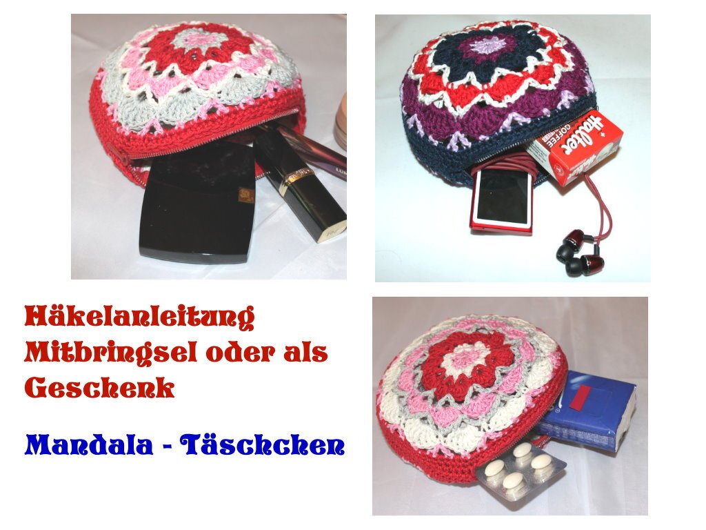 Drei bunte, runde gehäkelte Täschchen mit Mandala-Motiv und Reißverschluss, als Geschenkidee präsentiert