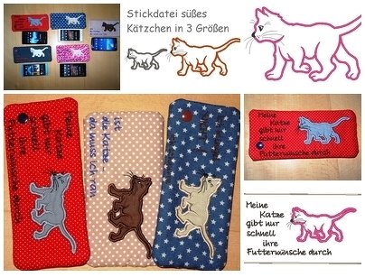Sparset Stickdatei Handytasche + Appli Katze ITH