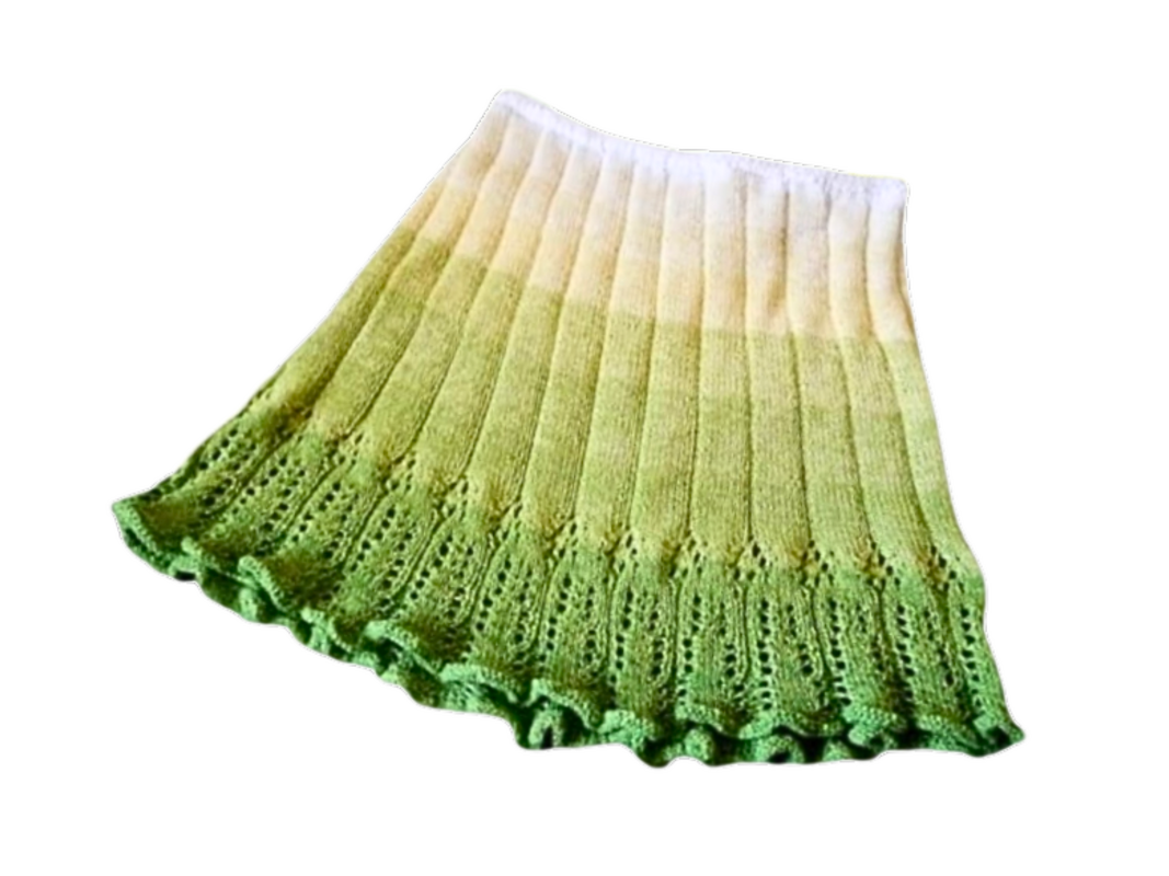 flared cream-to-green ombré ribbed knit skirt with eyelet lace ruffle hem