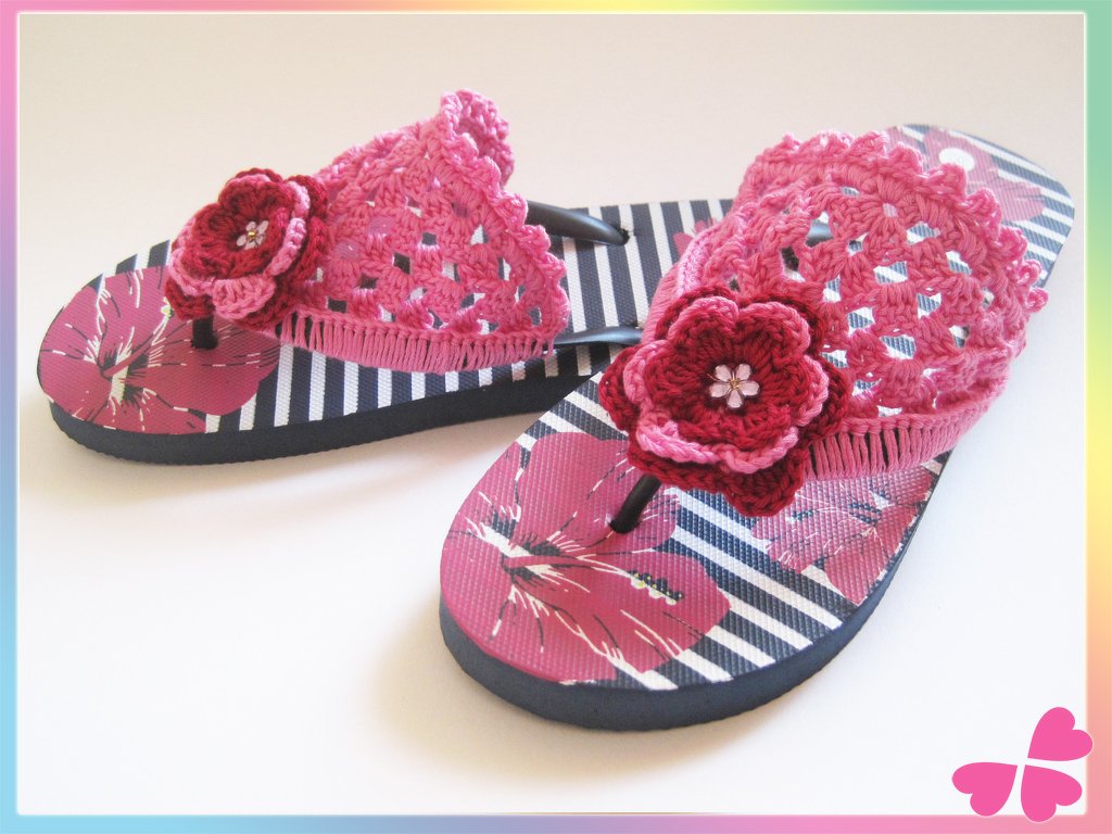 Häkelanleitung: Flip Flops umhäkeln mit Häkelblume (8 Größen: 30/31 bis 44/45)