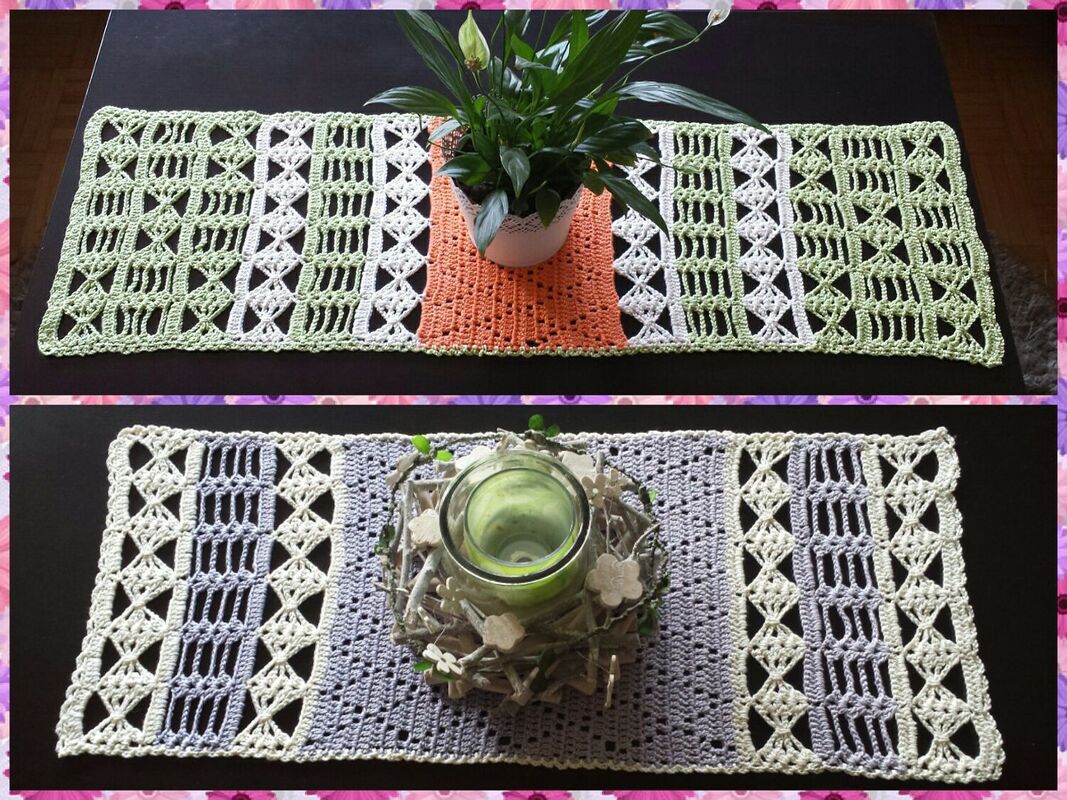 Zwei gehäkelte Tischläufer in Grün‑Weiß‑Orange und Hellgrau‑Lavendel auf dunklem Tisch, einer mit Pflanze, einer mit Kerzenhalter.
