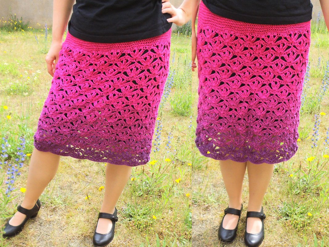 Knielanger gehäkelter Rock in Pink bis Violett mit Lochmuster