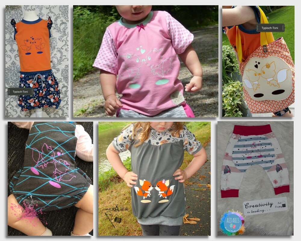 Kinderkleidung und Tragetasche mit verschiedenen Fuchs-Motiven als Plott