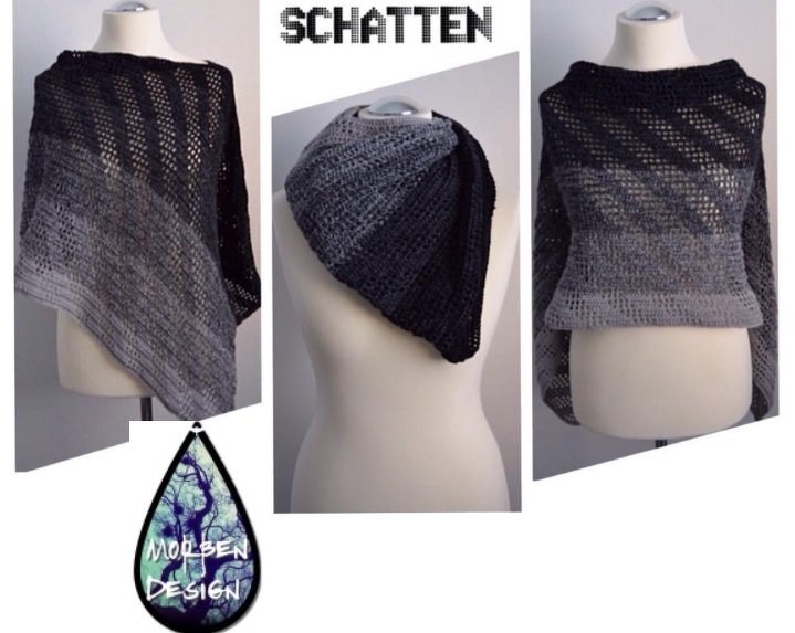 Gehäkelter Poncho in Grau-Ombré auf drei Schaufensterpuppen mit durchbrochenem Maschenmuster und Rippenstruktur