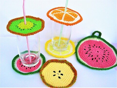 Früchte häkeln (Untersetzer, Glasdeckel, Topflappem)