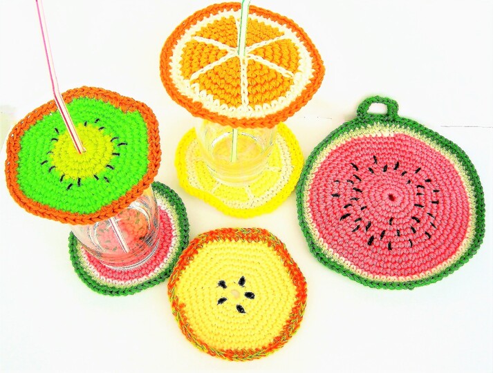 Früchte häkeln (Untersetzer, Glasdeckel, Topflappem)
