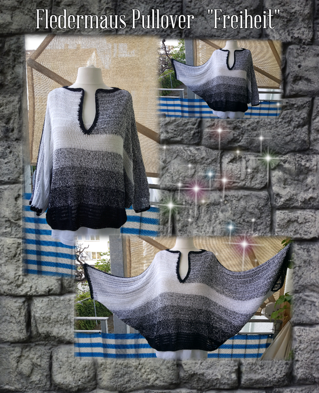 Collage: Nah- und Gesamtansichten eines gehäkelten Fledermaus‑Pullovers in Grautönen mit Schlitz‑Ausschnitt auf Schaufensterpuppe