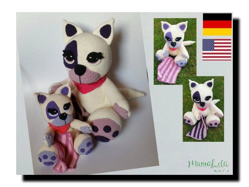 Zwei gehäkelte Amigurumi‑Hunde, groß und klein, cremeweiß mit lila Details und pinken Halstüchern.