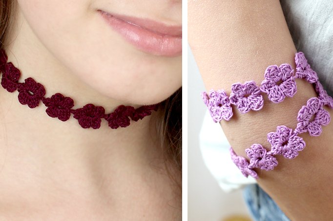 Häkelanleitung Chocker und Wickelarmband mit Blüten / Blumen