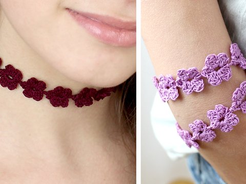 Häkelanleitung Chocker und Wickelarmband mit Blüten / Blumen