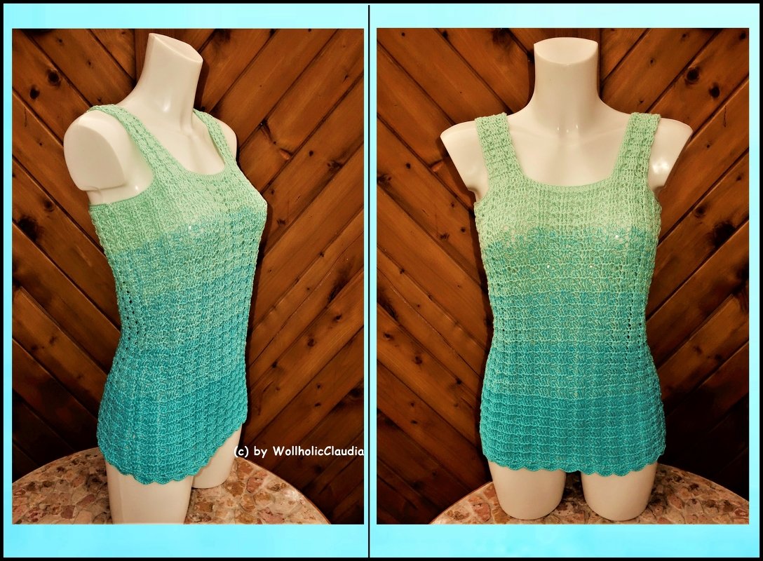 Mannequin mit gehäkeltem ärmellosem Tanktop in Mint zu Türkis, weiter Rundhalsausschnitt und Muschelsaum