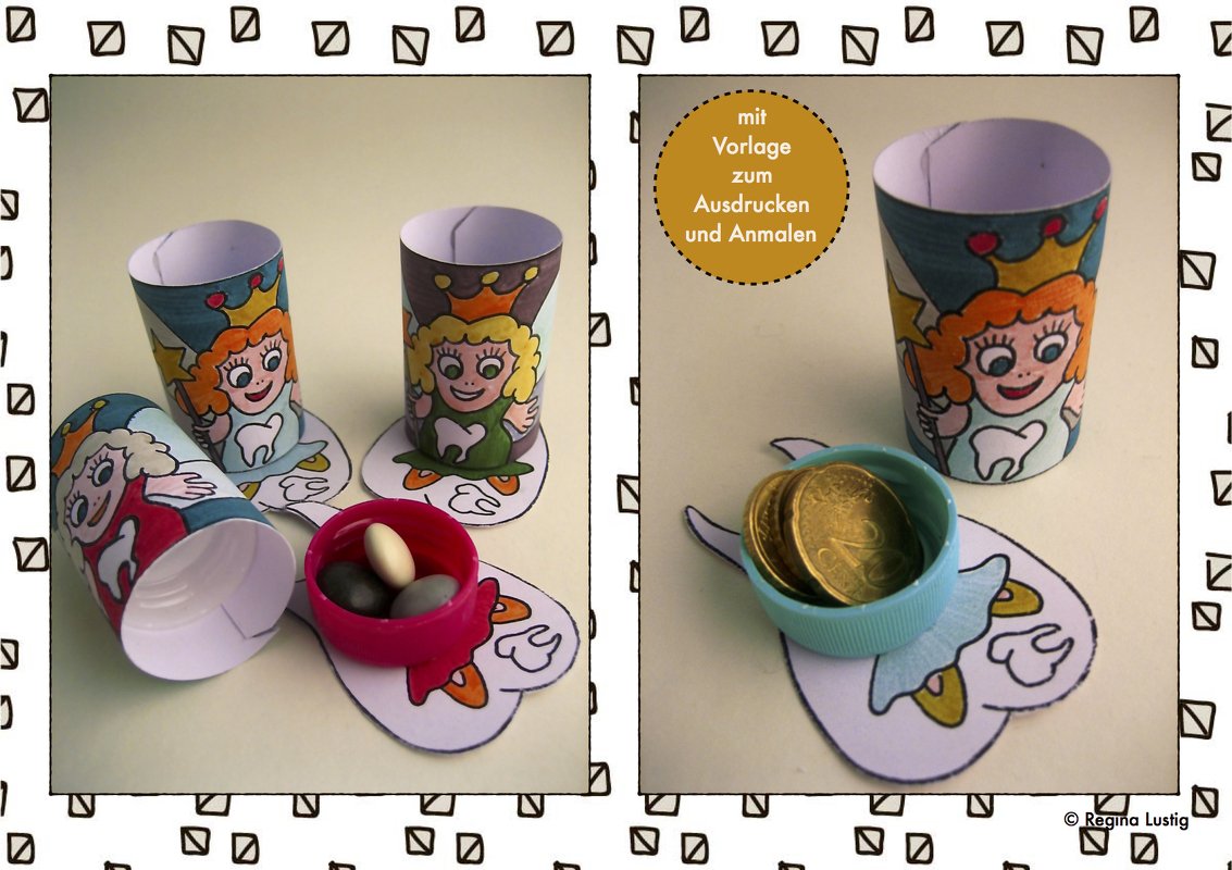 Papierrollen mit gezeichneten Zahnfee-Motiven auf herzförmigen Karten und Kunststoff-Deckeln mit Münzen und Süßigkeiten