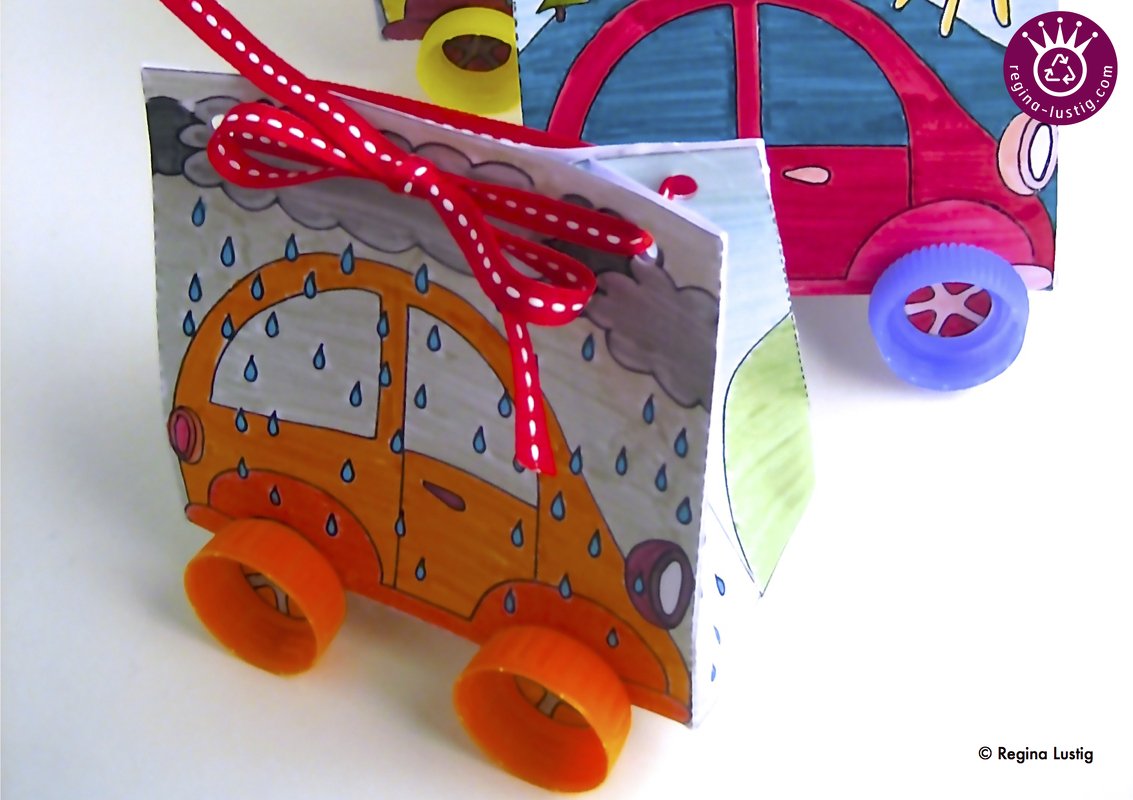 Geschenkpackung Auto, Ausmalbogen und Anleitung, basteln für Kinder