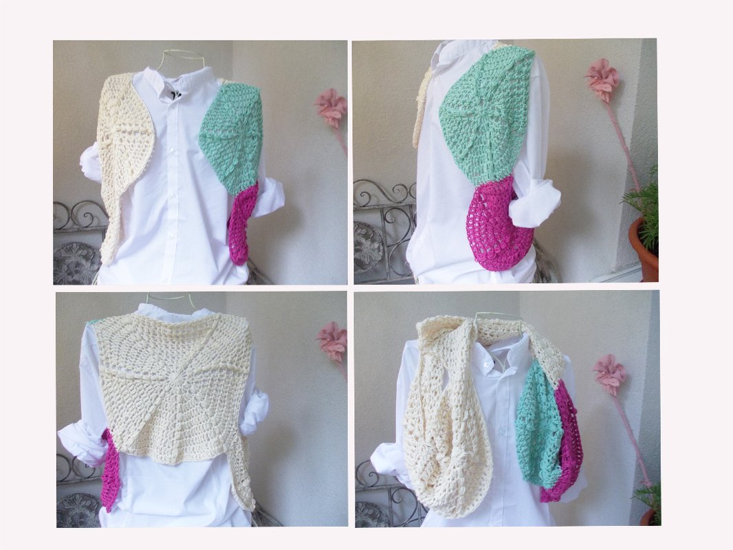 Gehäkelter Bolero aus großen runden Häkelmotiven in Creme, Mint und Pink über weißer Bluse, Vorder- und Rückansicht