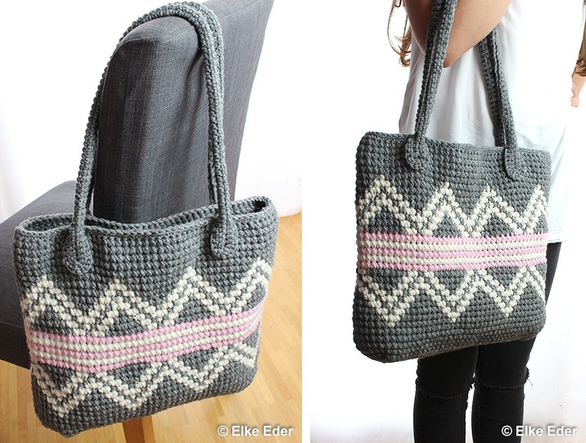 Häkelanleitung Tasche Shopper in Grau, Weiß und Rosa