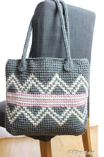 Häkelanleitung Tasche Shopper in Grau, Weiß und Rosa - Bild 2