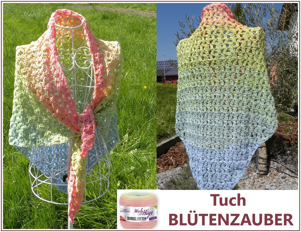 Gehäkeltes Dreieckstuch mit Pastell-Farbverlauf auf einer Schneiderpuppe im Freien