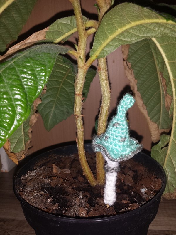 Gehäkelter Pilzstecker mit türkisfarbenem Hut im Blumentopf