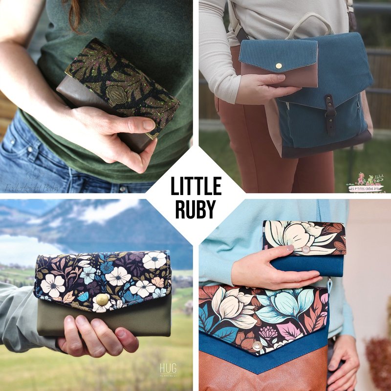 Vier kompakte Umschlag-Portemonnaies mit Klappe und Druckknopf – florale Muster und einfarbige Besätze, jeweils in Händen gehalten.