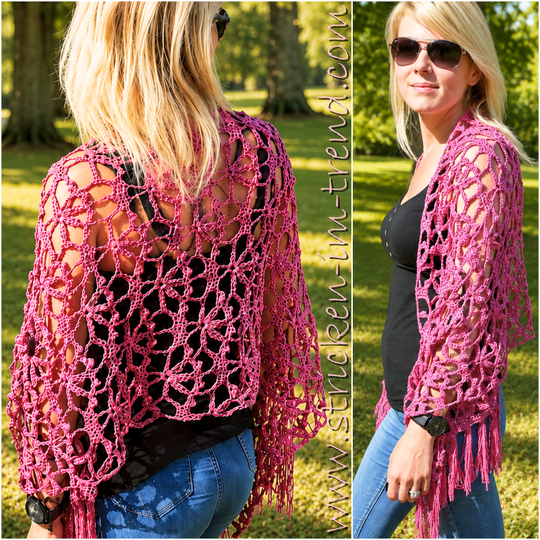 Summer Shawl Crochet Pattern with Fringe and Floral Motif | PINK POISON