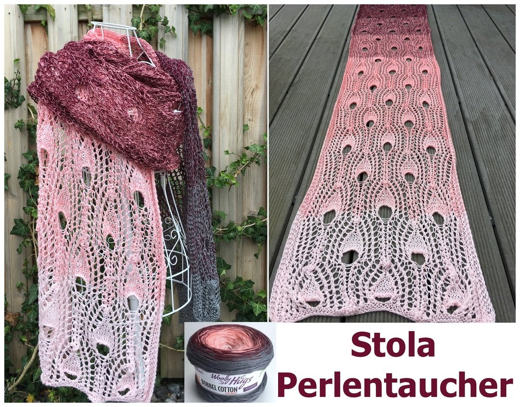 Gestrickte Stola mit Perlentaucher‑Lochmuster und rosa bis dunklem Farbverlauf, drapiert an einer Schneiderpuppe und flach ausgelegt