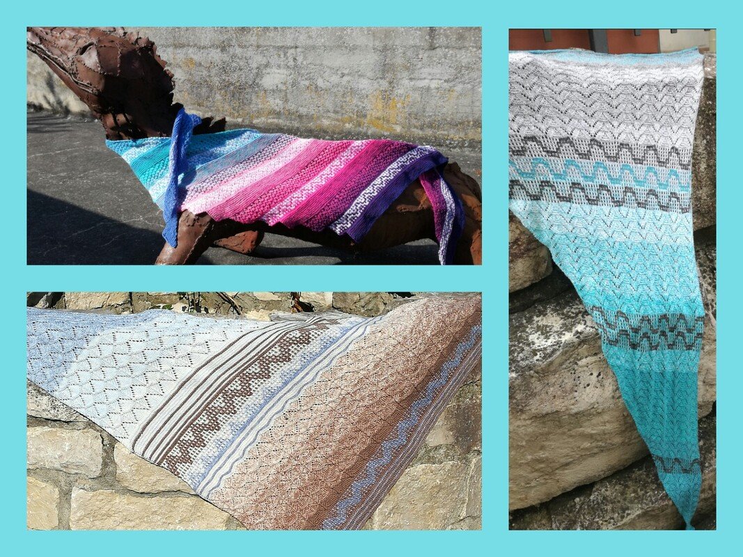 3 Strickanleitungen Tücher Himmel und Erde, Wellenreiter und Frozen Strawberry, Mosaic stricken