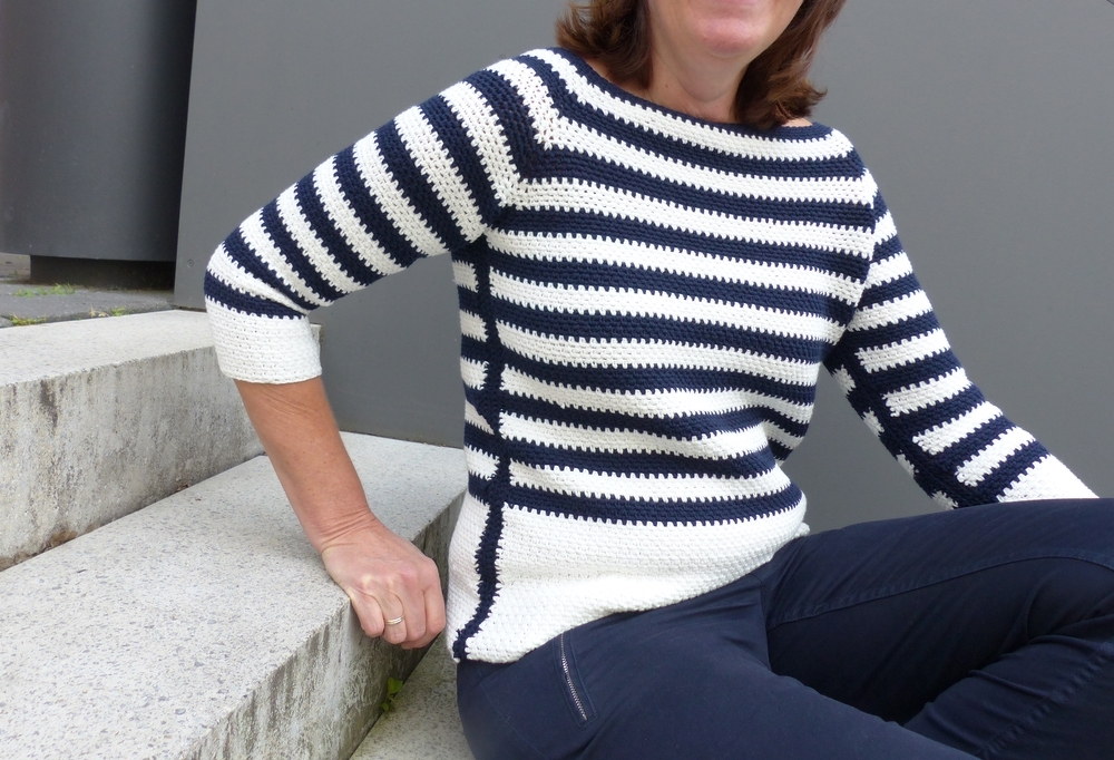 Gehäkelter Streifenpulli mit Halbarm, E-Book in S/M/L/XL/XXL
